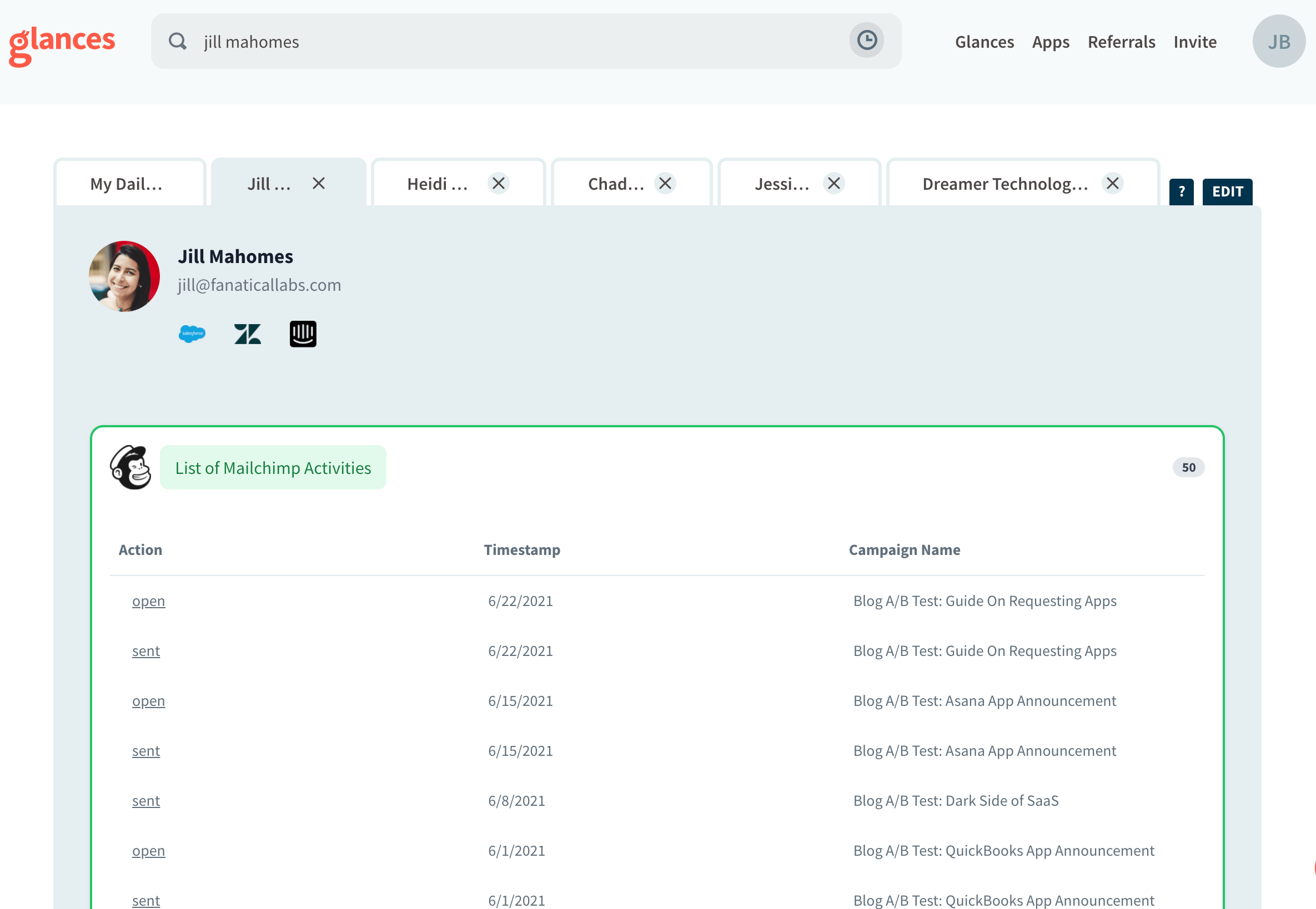 Use Glances to keep up with marketing campaign interactions Screenshot of Glances showing all marketing campaign interactions